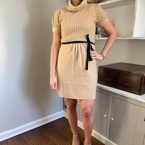 Knit, Short-sleeve, Belted, Turtleneck Shift Dress